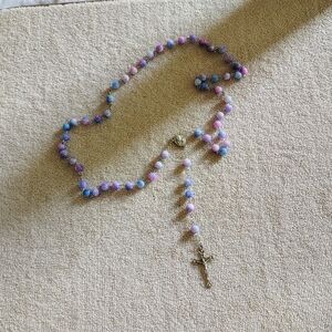 Pastel Beaded Rosary Necklace with Silver Cross